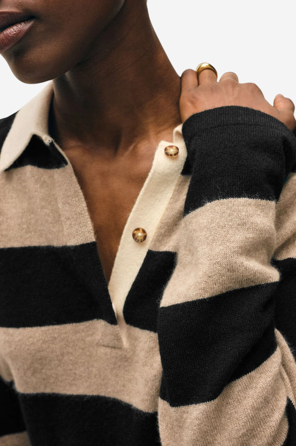 Cashmere Rugby Stripe Polo - Taupe/Black