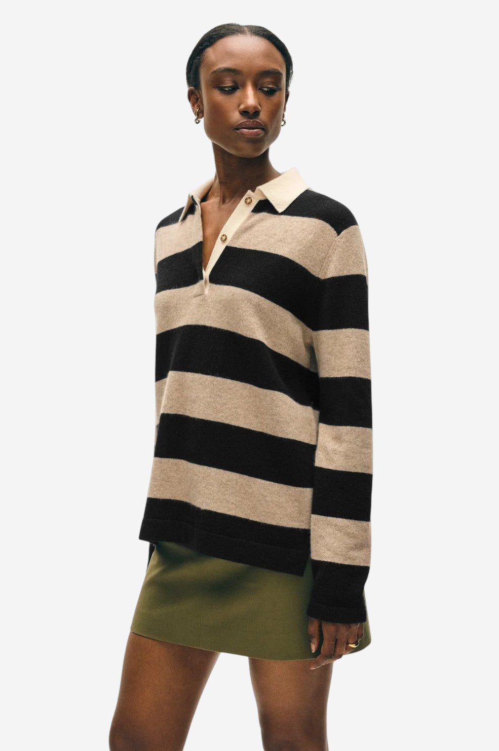 Cashmere Rugby Stripe Polo - Taupe/Black