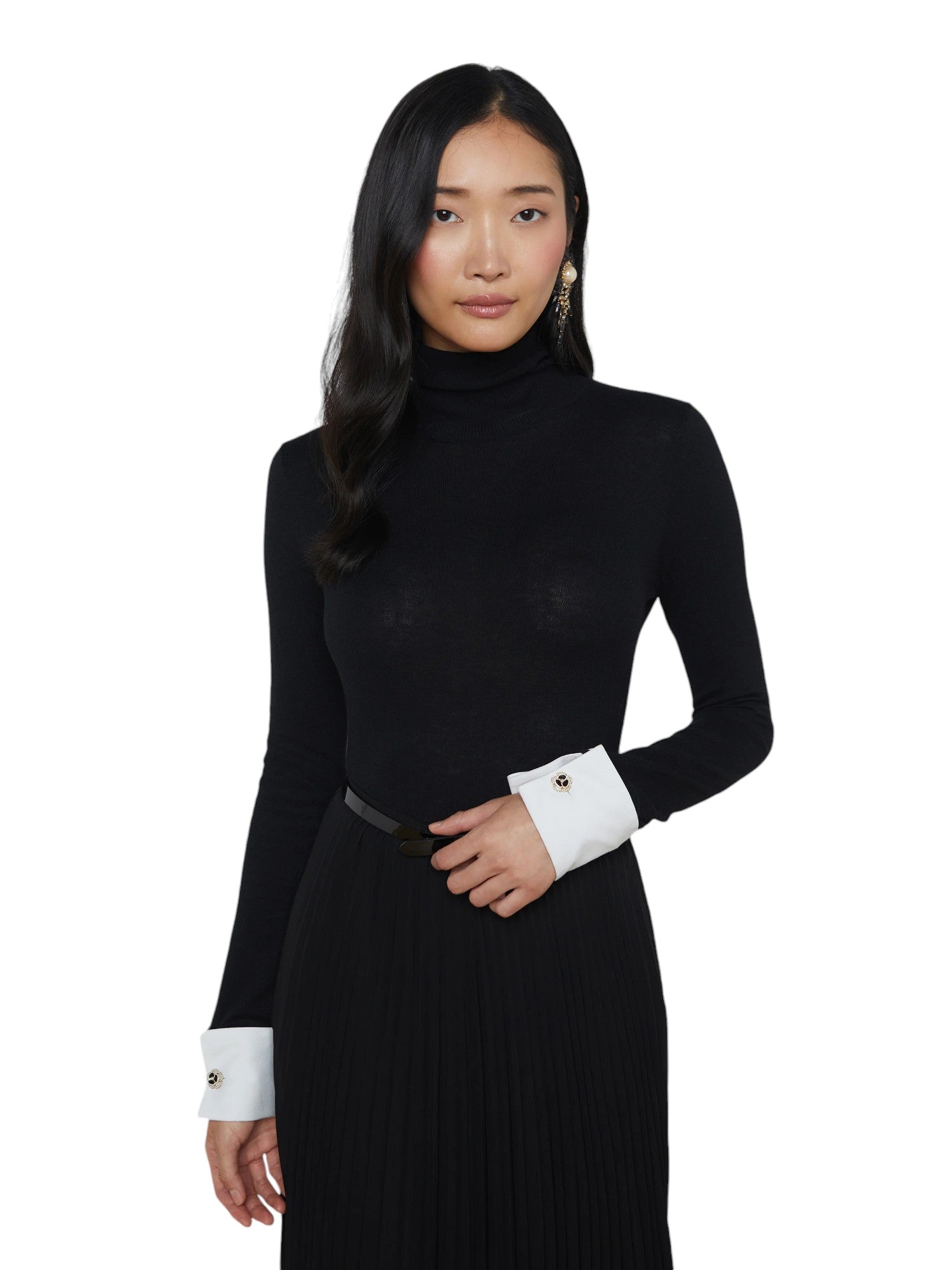Flora Poplin Cuff Turtleneck - Black/White