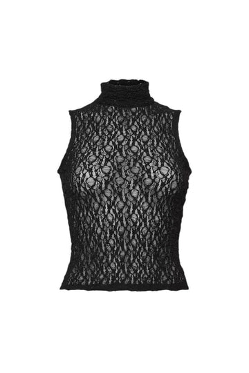 Sleeveless Mesh Mockneck Top - Black